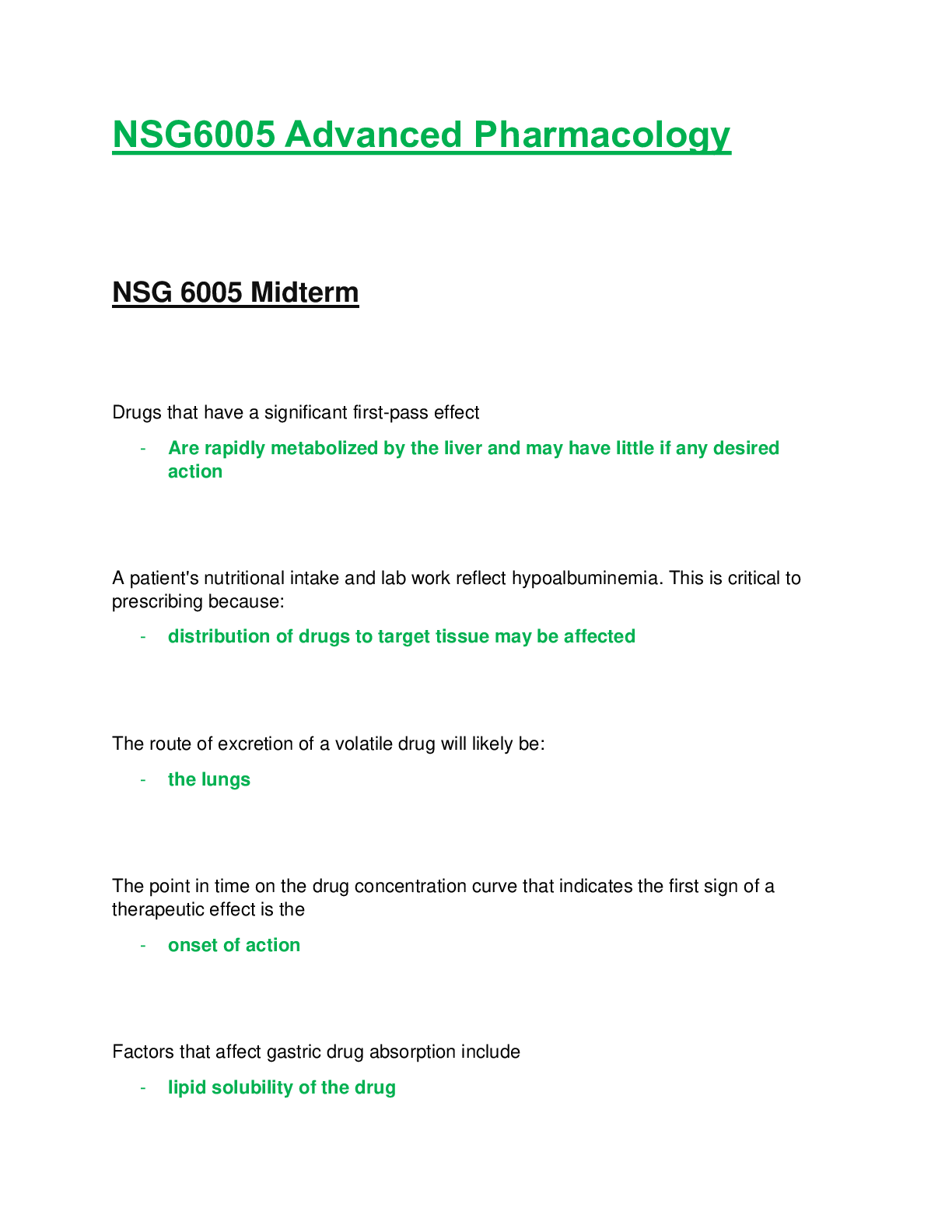 Preview of NSG6005 / NSG 6005: Advanced Pharmacology Midterm Exam Latest Update South University
